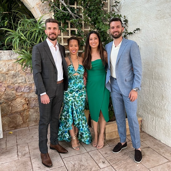 AMUR Edie High Low Tie Neck Gown in Cerulean Lotus Block Print - Picture 5 of 5